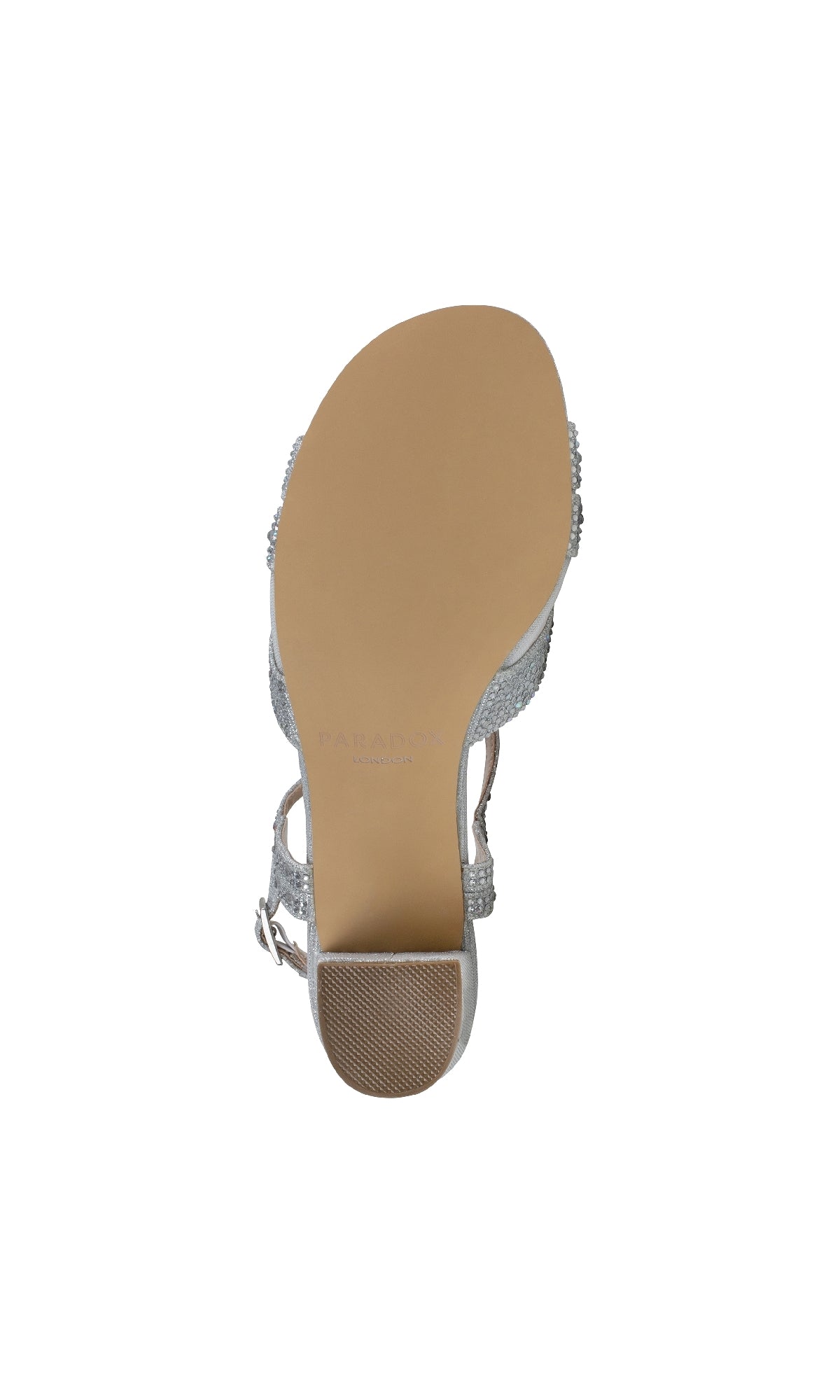 The Nadia Silver Prom Shoes (Paradox London P2208) feature an open-toe silver design, tan textured sole with grip at the heel, and a buckled ankle strap—ideal for adding shimmer to any prom look.